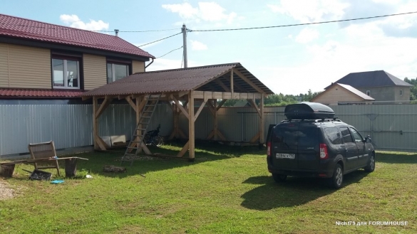 Строительство каркасного навеса на две машины в одиночку