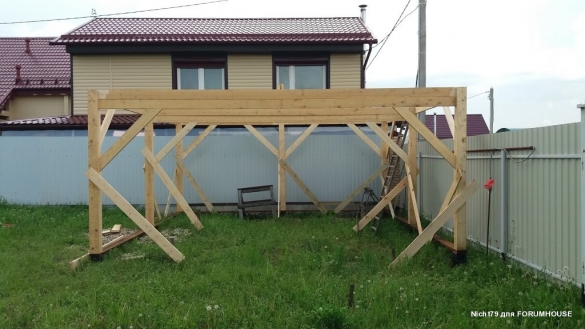 Строительство каркасного навеса на две машины в одиночку