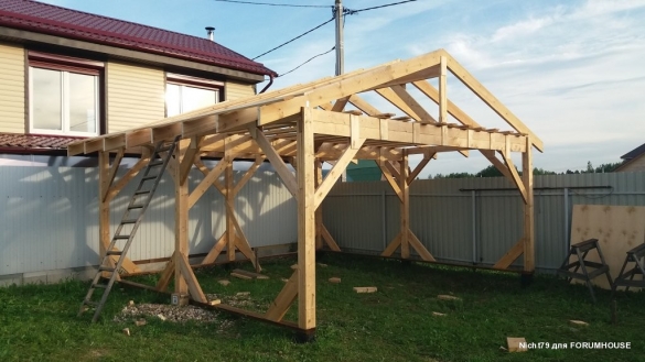 Строительство каркасного навеса на две машины в одиночку